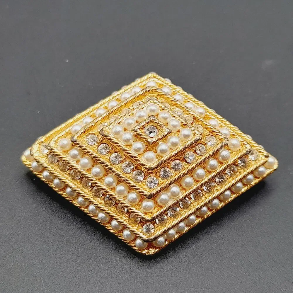 Vintage Rhinestone Faux Pearl Diamond Shaped Brooch Gold Tone Pin - 2 1/4 Inches